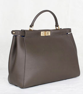 Fendi Peekaboo Khaki Original Leather Large Tote Bag With Violet Leather Inside