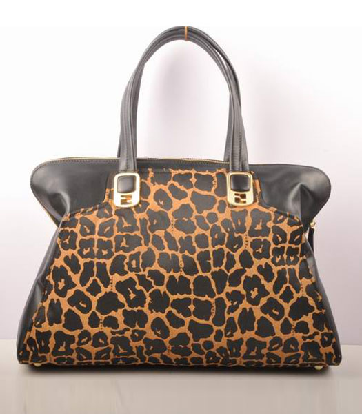 Fendi Peekaboo Leopard Print Fabric with Black Leather Large Handbag