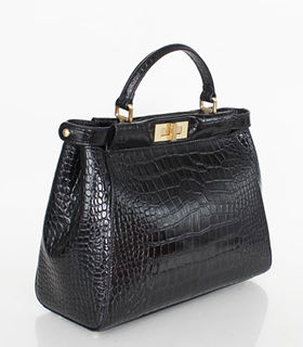Fendi Peekaboo Medium Black Original Croc Veins Leather Tote Bag