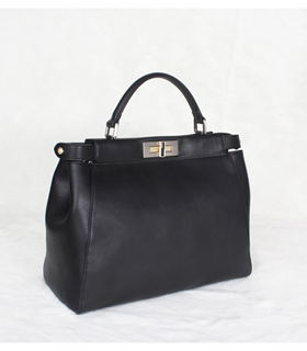 Fendi Peekaboo Medium Black Original Leather Tote Bag With Suede Leahter Inside 