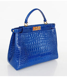 Fendi Peekaboo Medium Blue Original Croc Veins Leather Tote Bag