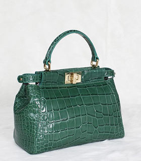 Fendi Peekaboo Medium Green Original Croc Veins Leather Tote Bag