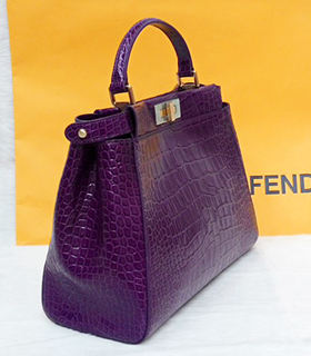 Fendi Peekaboo Medium Purple Croc Veins Leather Tote Bag