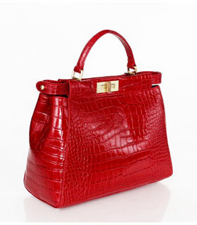 Fendi Peekaboo Medium Red Original Croc Veins Leather Tote Bag