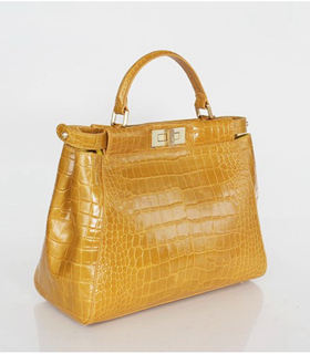 Fendi Peekaboo Medium Yellow Original Croc Veins Leather Tote Bag