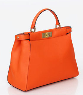 Fendi Peekaboo Orange Red Original Leather With Stripe Fabric Inside Medium Tote Bag