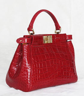 Fendi Peekaboo Red Croc Veins Leather Tote Bag