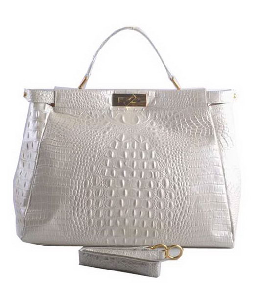 Fendi Peekaboo White Croc Veins Leather Large Tote Bag