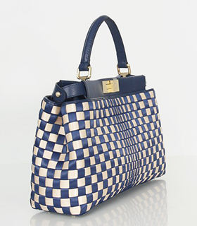 Fendi Peekaboo Woven Leather Top Handle Bag Blue