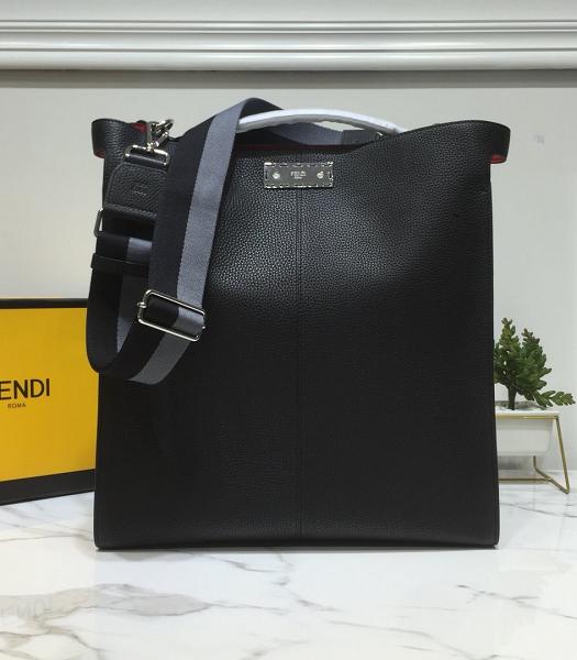 Fendi Peekaboo X-Lite Black Calfskin Leather Grey Strap Large Tote Bag