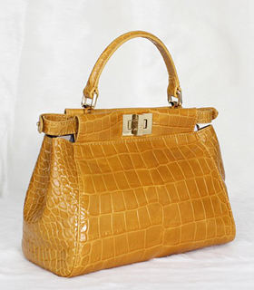 Fendi Peekaboo Yellow Croc Veins Leather Tote Bag