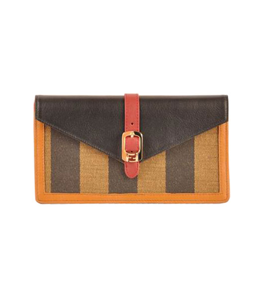 Fendi Pequin Envelope Striped Fabric With Black Leather Clutch