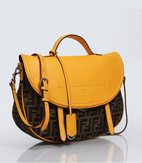 Fendi Pequin FF Fabric With Sunflower Yellow Original Leather Shoulder Bag