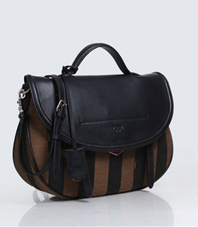 Fendi Pequin Stripe Fabric With Black Original Leather Shoulder Bag