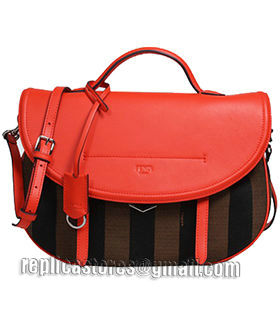 Fendi Pequin Stripe Fabric With Orange Red Original Leather Shoulder Bag-5