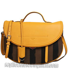 Fendi Pequin Stripe Fabric With Sunflower Yellow Original Leather Shoulder Bag-5