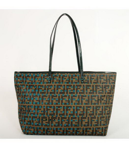 Fendi Perforated Zucca Boston Bag Blue with Patent Leather
