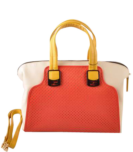 Fendi Red Calfskin Covered By Holes With White Leather Small Tote Bag