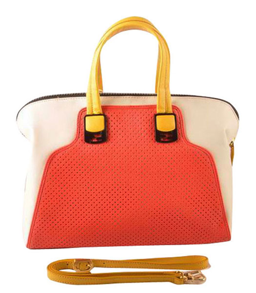 Fendi Red Calfskin Covered By Holes With White Leather Tote Bag