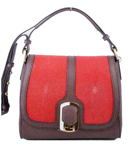 Fendi Red Pearl Fish Skin Leather With Caviar Leather Messenger Tote Bag