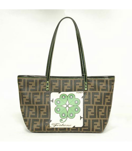 Fendi Roll Canvas Large Tote Bag with Green Leather Trim