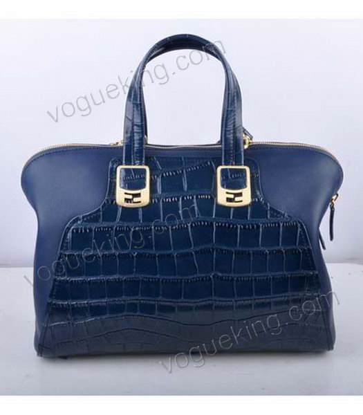 Fendi Sapphire Blue Croc Leather With Ferrari Leather Tote Bag-2