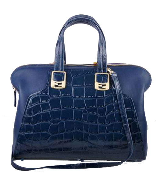 Fendi Sapphire Blue Croc Leather With Ferrari Leather Tote Bag