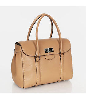 Fendi Signature Franca Tote Shoulder Bag With Apricot Litchi Pattern Original Leather
