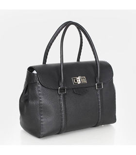 Fendi Signature Franca Tote Shoulder Bag With Black Litchi Pattern Original Leather
