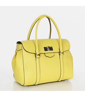 Fendi Signature Franca Tote Shoulder Bag With Lemon Yellow Litchi Pattern Original Leather