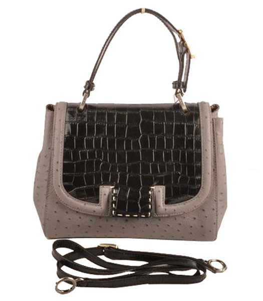 Fendi Silvana Black Croc And Light Grey Ostrich Veins Leather Bag