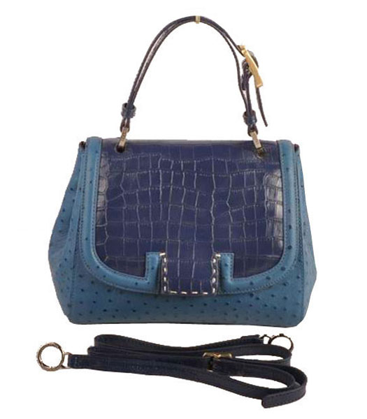 Fendi Silvana Blue Croc And Ostrich Veins Leather Bag