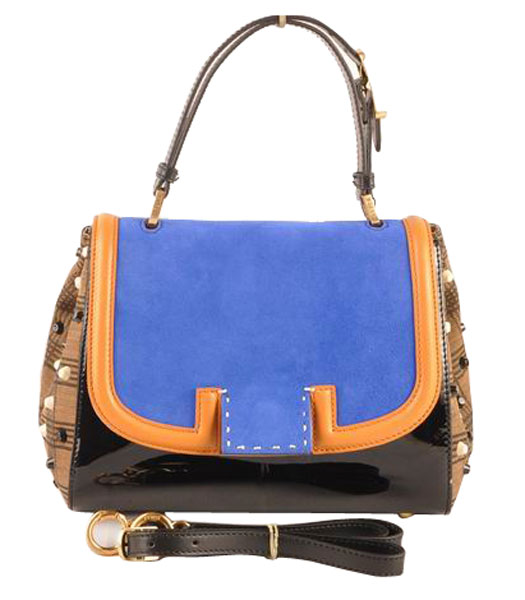 Fendi Silvana Blue Suede With Black Patent Leather Bag