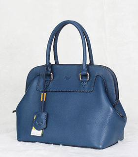 Fendi Small Dark Blue Litchi Pattern Leather Tote Bag