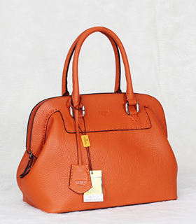 Fendi Small Orange Litchi Pattern Leather Tote Bag