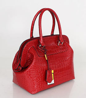 Fendi Small Red Croc Veins Leather Tote Bag