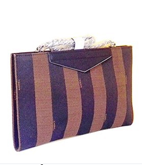 Fendi Stripe Fabric With Black Leather Clutch Bag