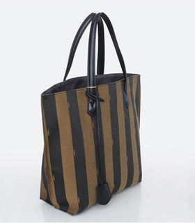 Fendi Stripe Fabric With Black Leather Shopping Tote Bag