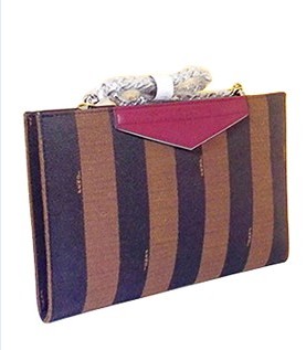 Fendi Stripe Fabric With Dark Red Leather Clutch Bag