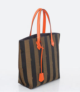Fendi Stripe Fabric With Orange Red Leather Shopping Tote Bag