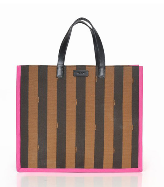 Fendi Striped Fabric With Fuchsia Leather Medium Tote Bag