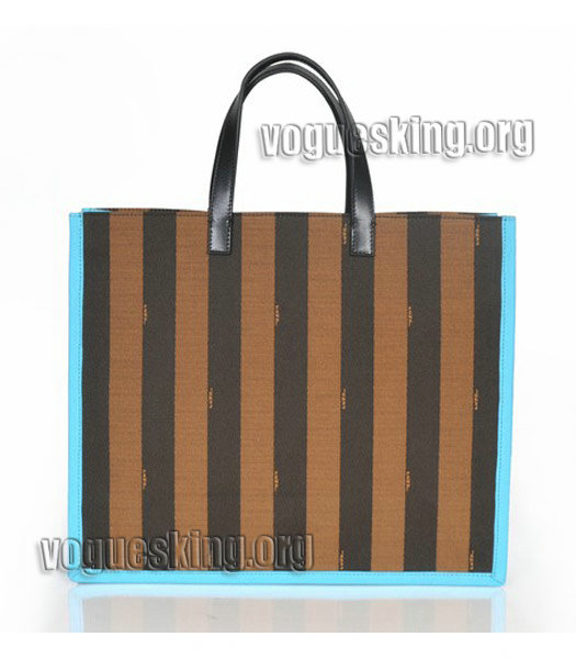 Fendi Striped Fabric With Light Blue Leather Large Tote Bag-2