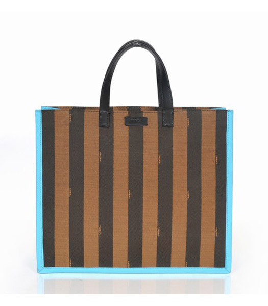 Fendi Striped Fabric With Light Blue Leather Large Tote Bag
