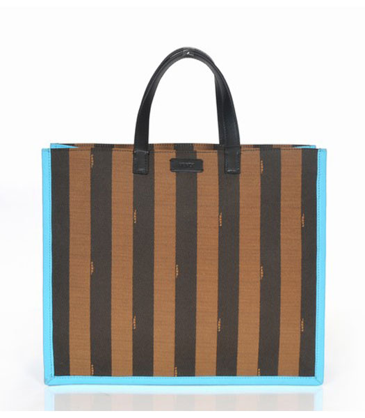 Fendi Striped Fabric With Light Blue Leather Medium Tote Bag