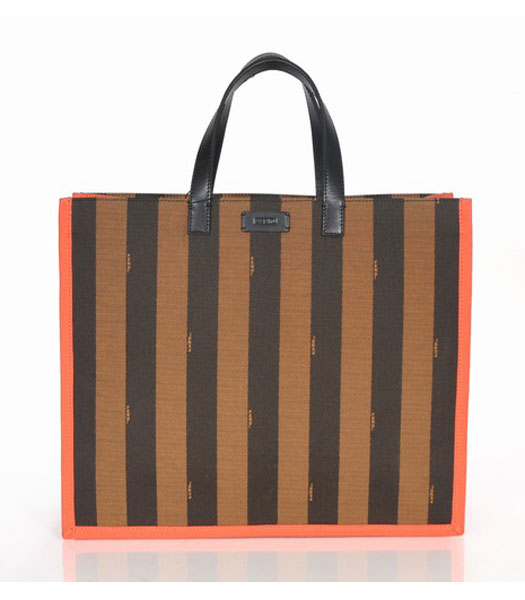 Fendi Striped Fabric With Orange Leather Large Tote Bag