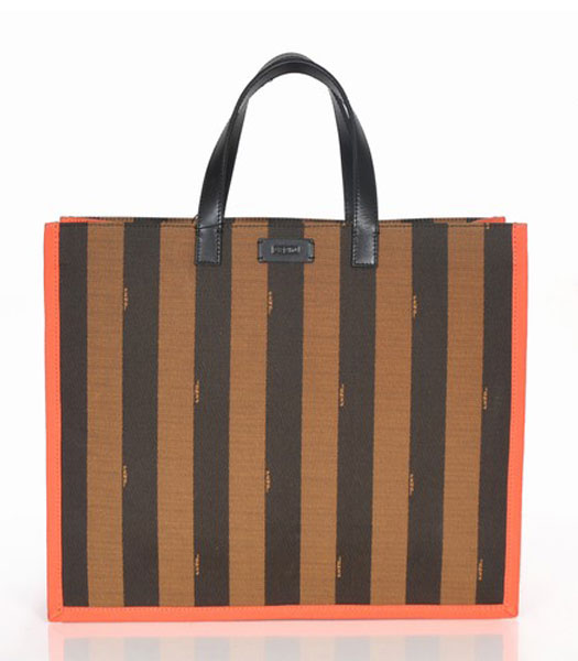 Fendi Striped Fabric With Orange Leather Medium Tote Bag