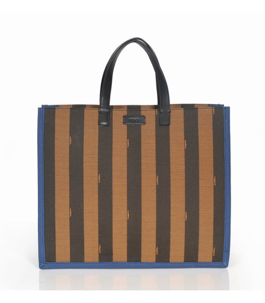 Fendi Striped Fabric With Sapphire Blue Leather Medium Tote Bag