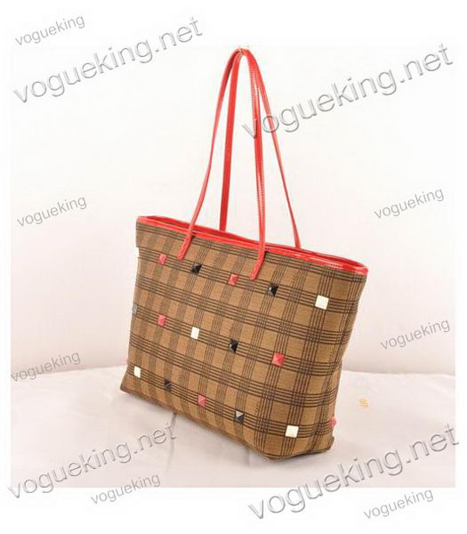Fendi Studded Damier Fabric With Red Patent Leather Tote Bag-1