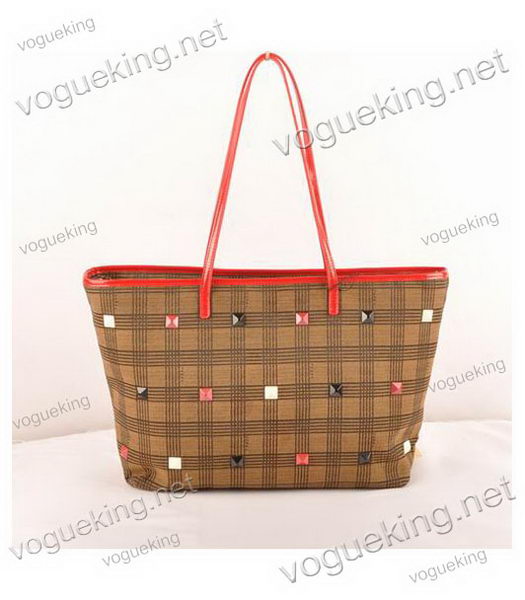Fendi Studded Damier Fabric With Red Patent Leather Tote Bag-2