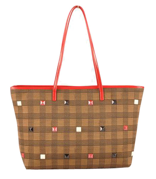 Fendi Studded Damier Fabric With Red Patent Leather Tote Bag